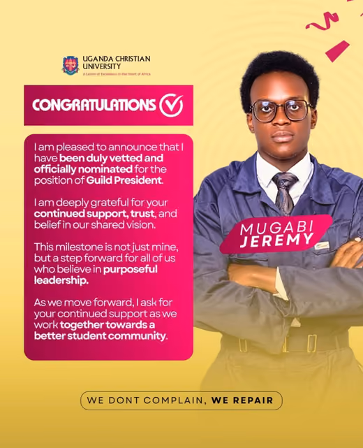 Nomination announcement poster: Mugabi Jeremy officially nominated for Guild President
